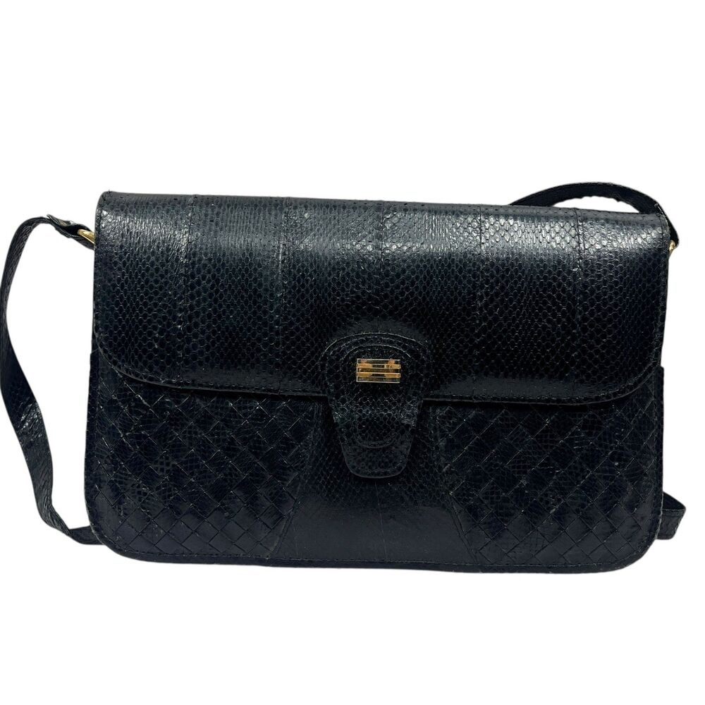 Vintage Snakeskin Leather Shoulder Bag Purse Black Gold Tone Clasp